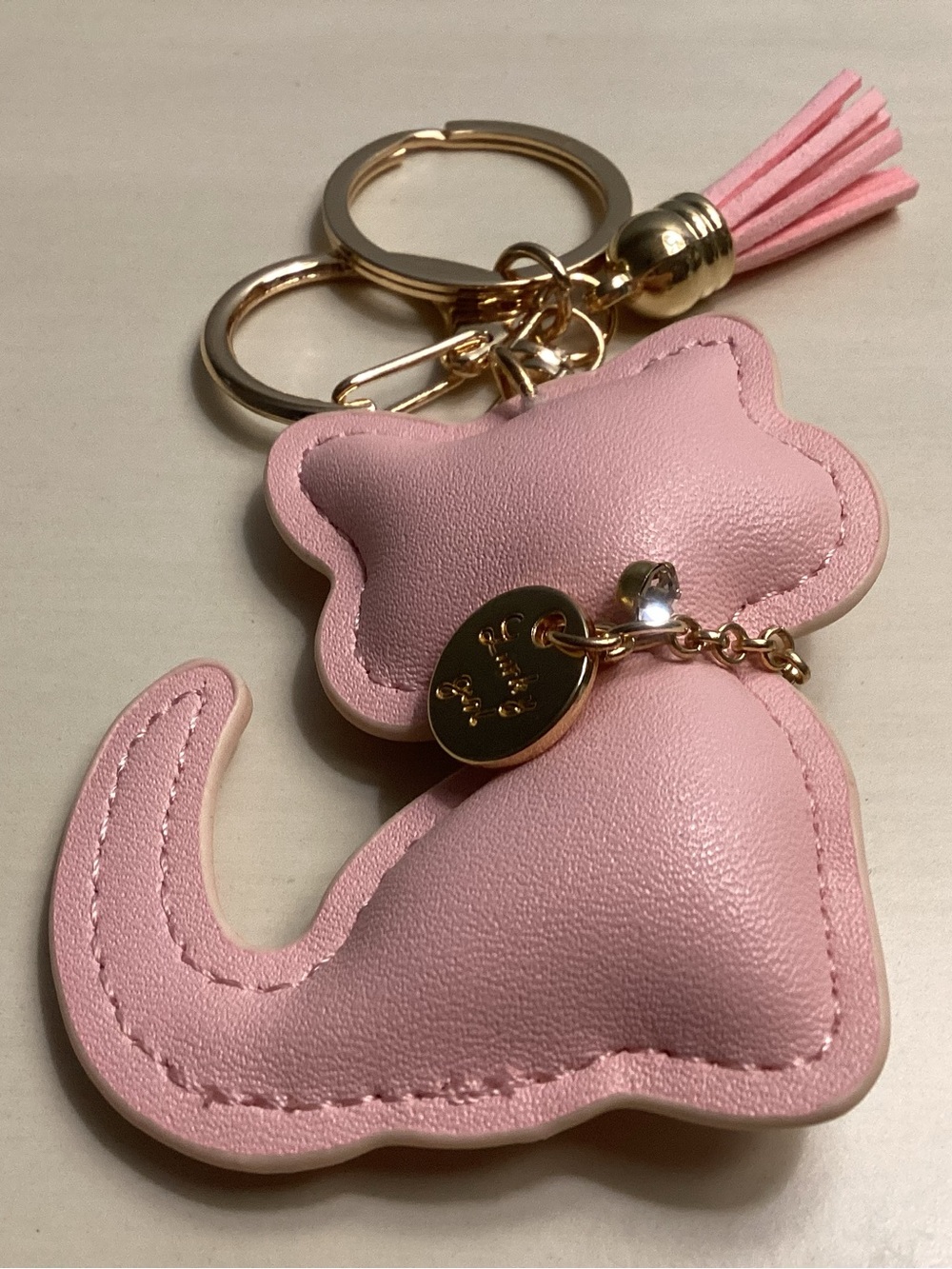 Pink Cat Tassel Keychain with Gold Hardware